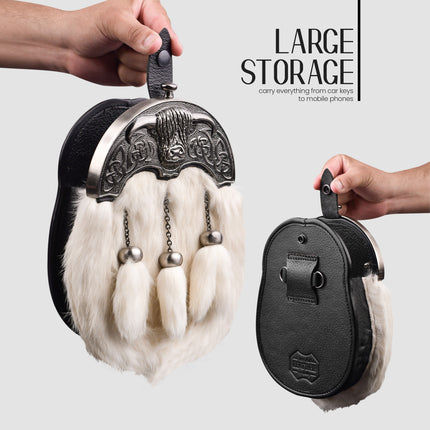 White Rabbit Fur Sporran with Highland Cow Antique Finish Cantle