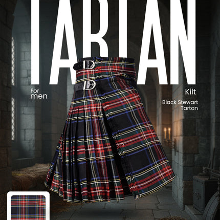 Kilt for Men I Black Stewart Tartan Kilt Polyviscose 8 Yard Traditional Men Kilt
