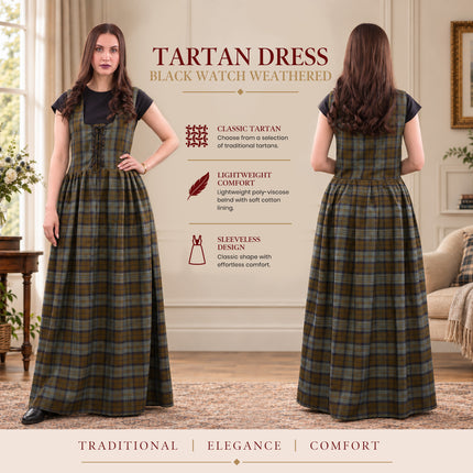 Women's Scottish Highland Dress - Long Tartan Dress | Black Watch Weathered