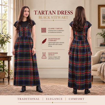 Women's Scottish Highland Dress - Long Tartan Dress | Black Stewart