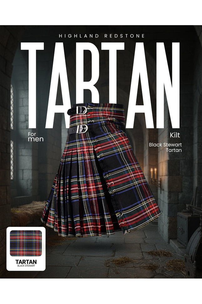Kilt for Men I Black Stewart Tartan Kilt Polyviscose 8 Yard Traditional Men Kilt | Big & Tall