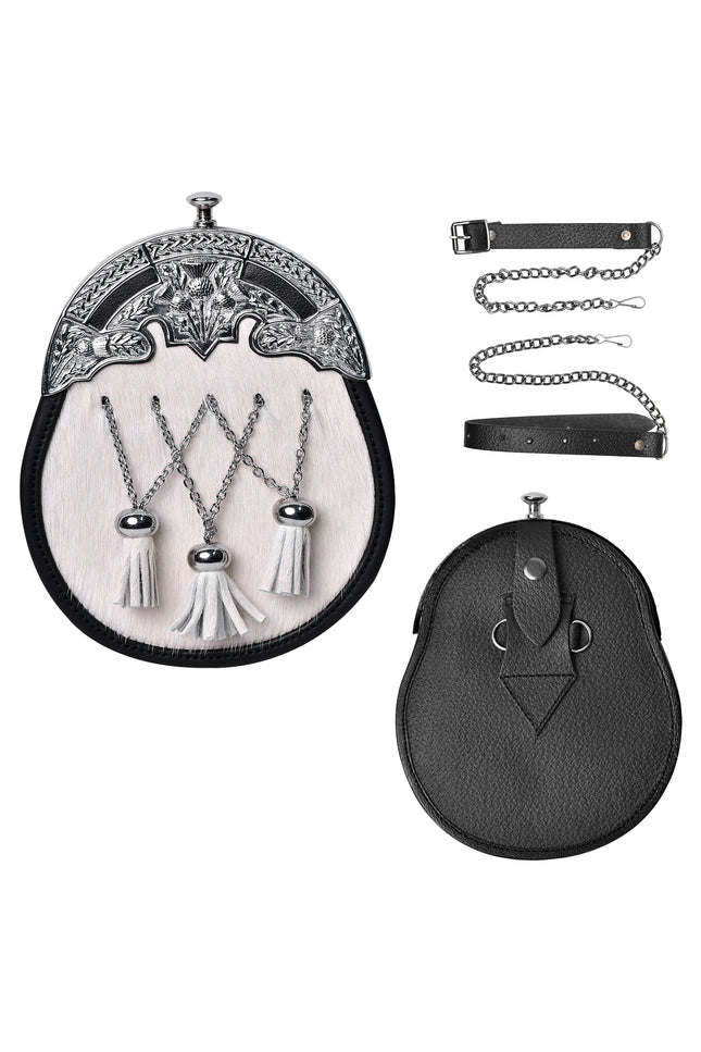 Formal White Bovine Cross Chain Sporran with Thistle Chrome Cantle