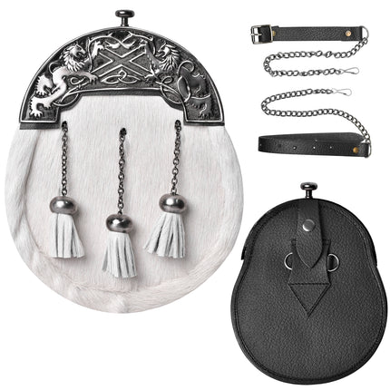 Formal White Bovine Sporran with Antique Lion Rampant Cantle