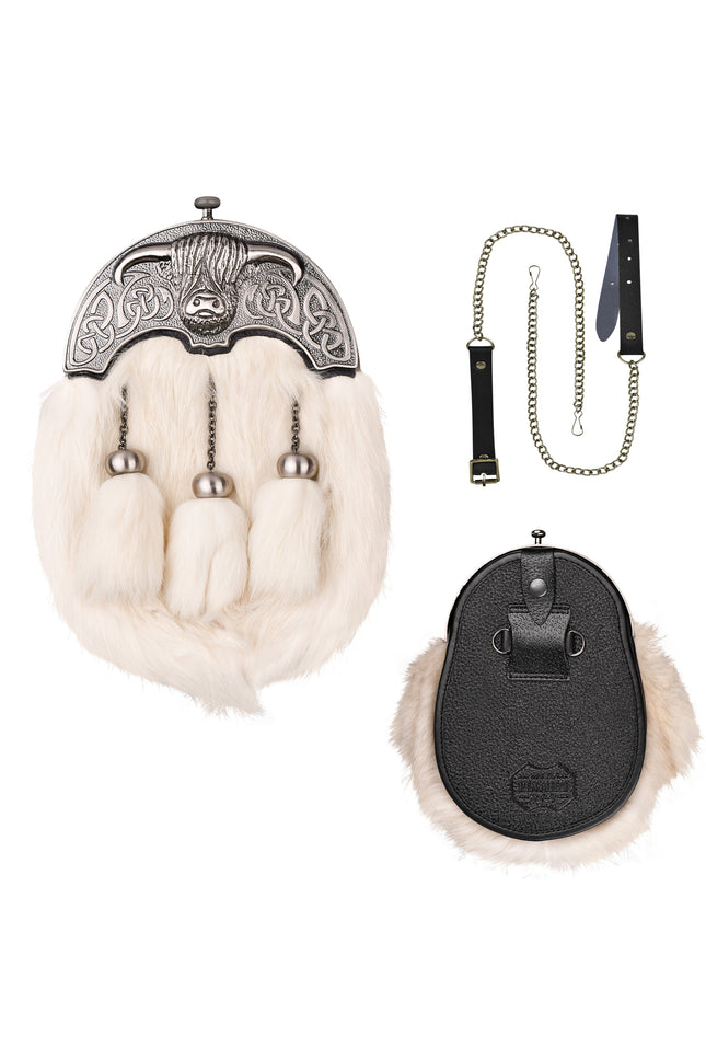 White Rabbit Fur Sporran with Highland Cow Antique Finish Cantle
