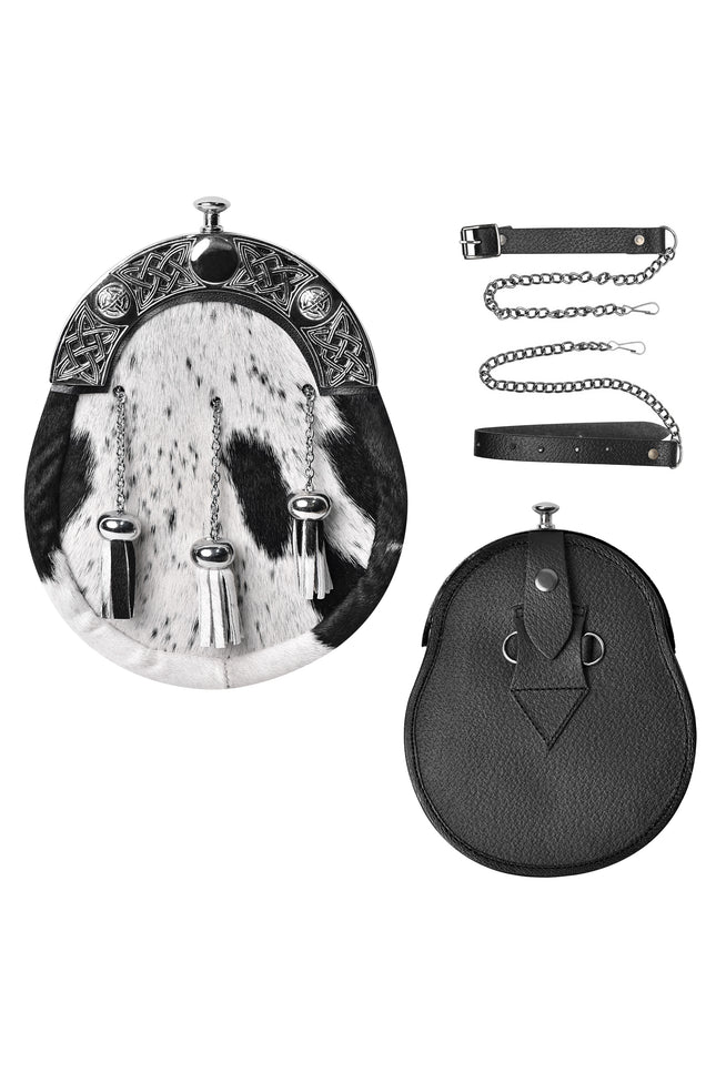Formal White & Black Bovine Sporran with Celtic Chrome Cantle