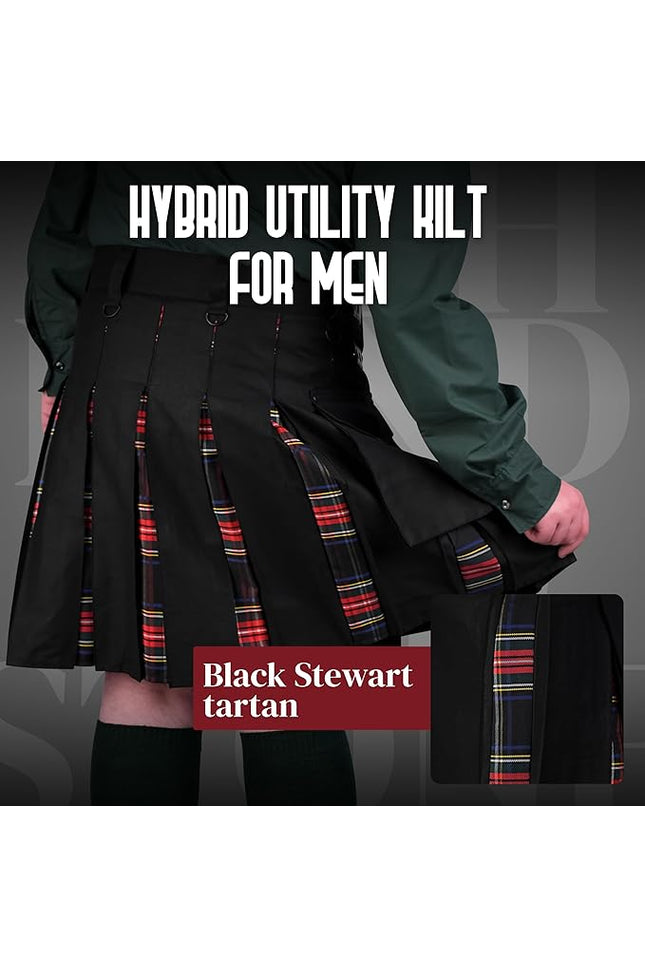 Black Stewart Hybrid Utility Kilt for Men  - Traditional Style with Modern Functionality