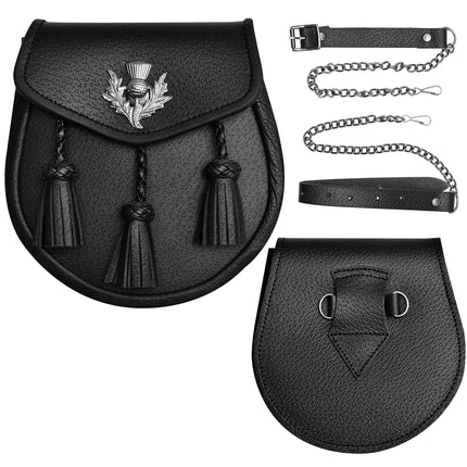 Semi Dress Leather Sporran w/ Thistle Badge I Black Plain