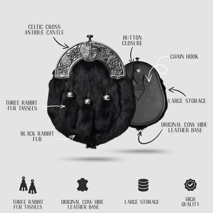 Formal Black Rabbit Fur Sporran with Black Celtic Antique Cantle