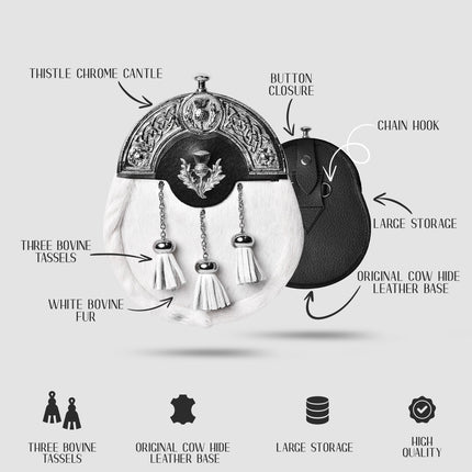 Formal White Bovine Sporran With Targe Leather Cantle