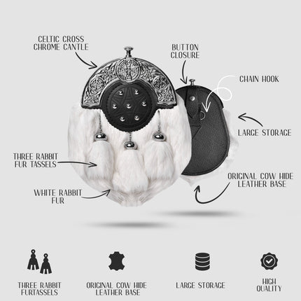 Formal White Rabbit Fur Sporran with Targe Leather Cantle