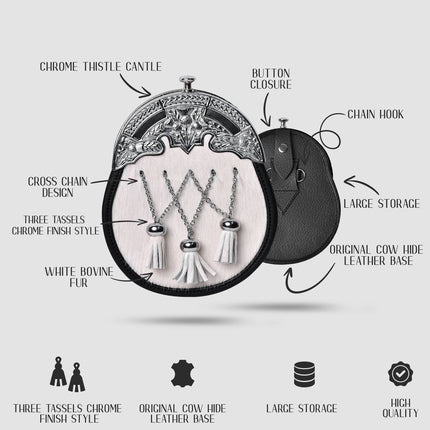 Formal White Bovine Cross Chain Sporran with Thistle Chrome Cantle