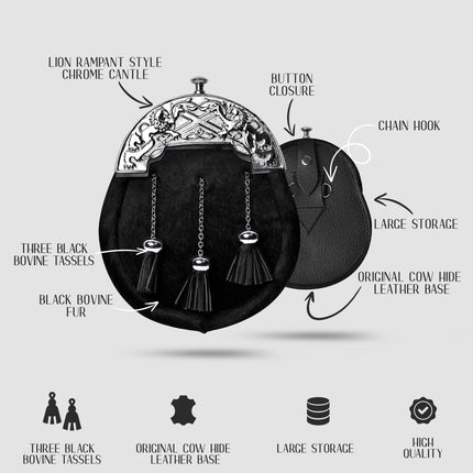 Formal Black Bovine Sporran with Chrome Lion Rampant Cantle