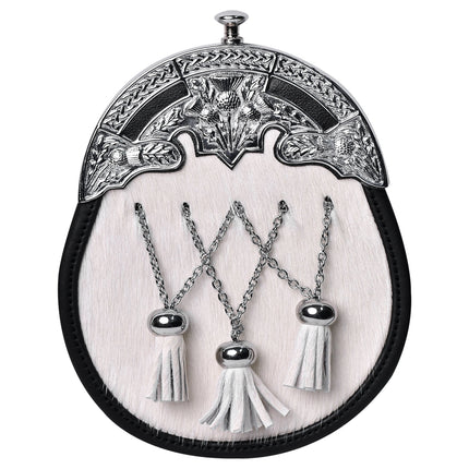 Formal White Bovine Cross Chain Sporran with Thistle Chrome Cantle