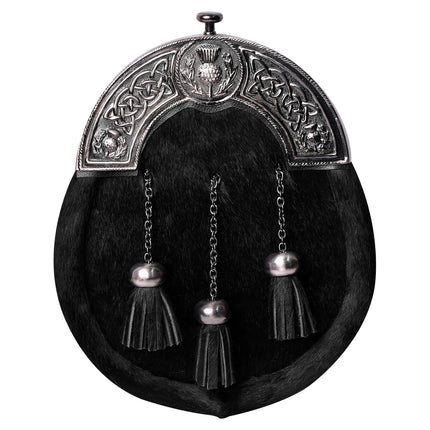 Formal Black Bovine Sporran with Black Thistle Antique Cantle