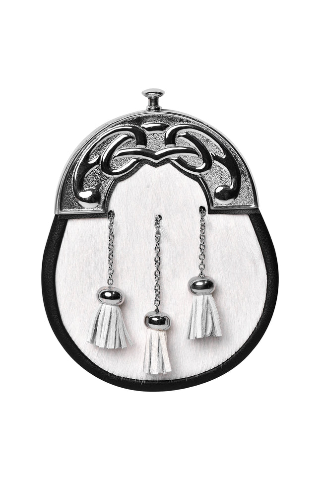 Formal White Bovine Sporran with Chrome Cantle