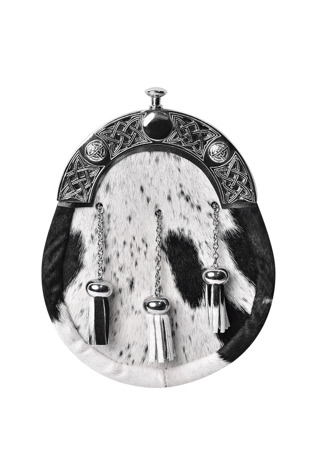 Formal White & Black Bovine Sporran with Celtic Chrome Cantle