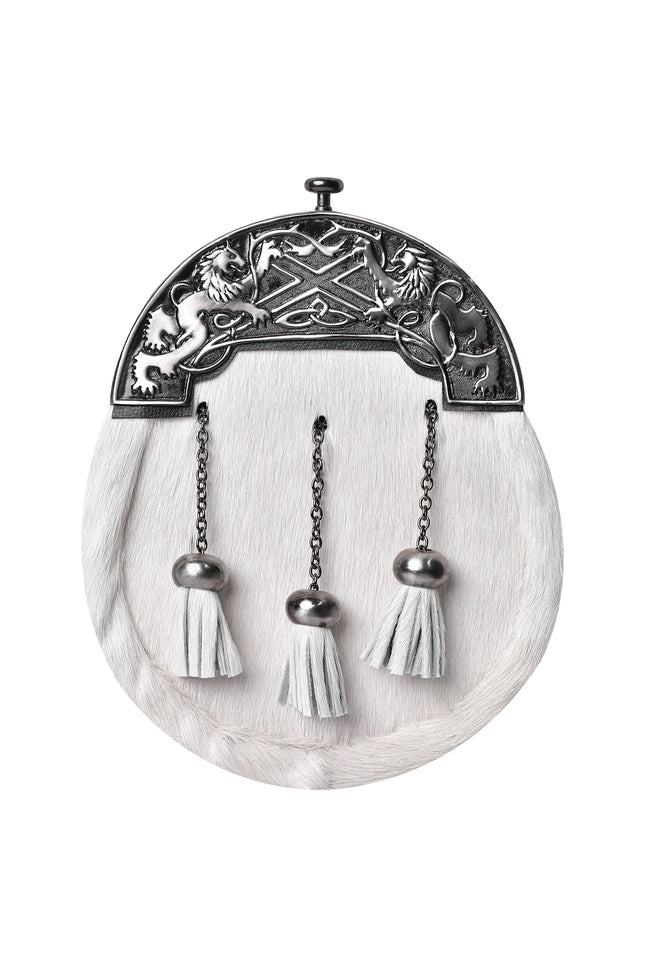 Formal White Bovine Sporran with Antique Lion Rampant Cantle