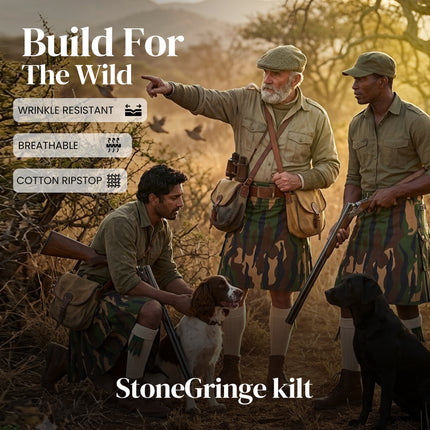 StoneGringe Men’s Camouflage Utility Kilt  - Rugged Ripstop Cotton tactical men kilt with brass hardware