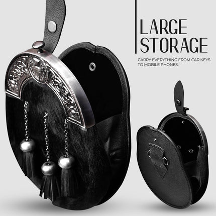 Formal Black Bovine Sporran with Black Thistle Antique Cantle