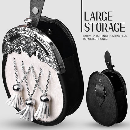 Formal White Bovine Cross Chain Sporran with Thistle Chrome Cantle