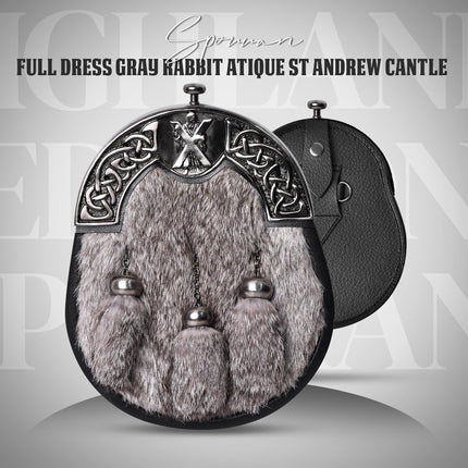 Formal Gray Rabbit Fur Sporran with St. Andrew Antique Cantle