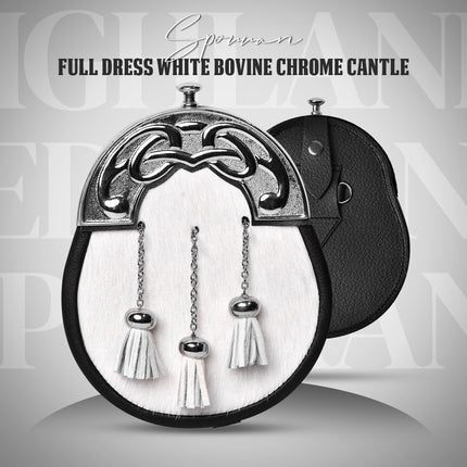 Formal White Bovine Sporran with Chrome Cantle
