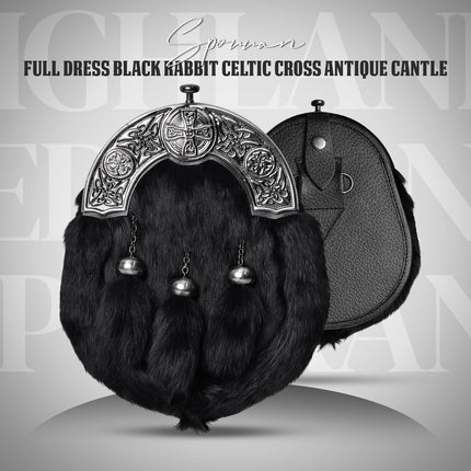 Formal Black Rabbit Fur Sporran with Black Celtic Antique Cantle