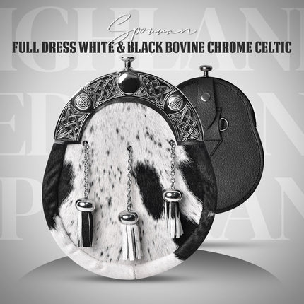Formal White & Black Bovine Sporran with Celtic Chrome Cantle