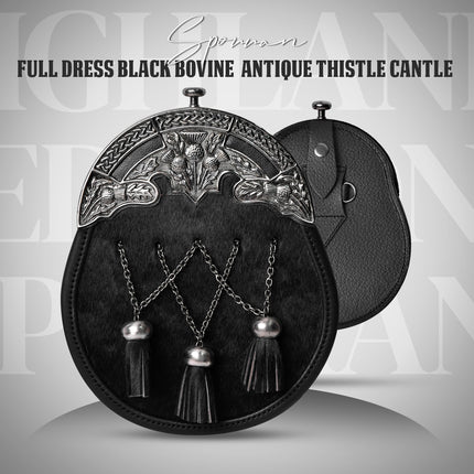 Formal Black Bovine Cross Chain Sporran with Thistle Antique Cantle