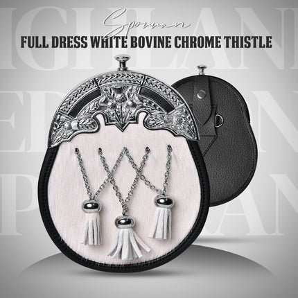 Formal White Bovine Cross Chain Sporran with Thistle Chrome Cantle